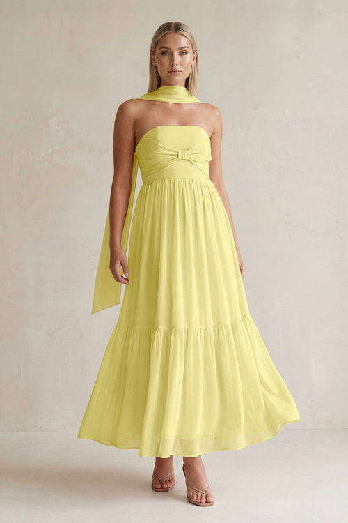 Strapless A - Line Chiffon Ruffled Bridesmaid Dress With Ribbon in Buttercup - SHE IS ME Bridesmaid Dresses
