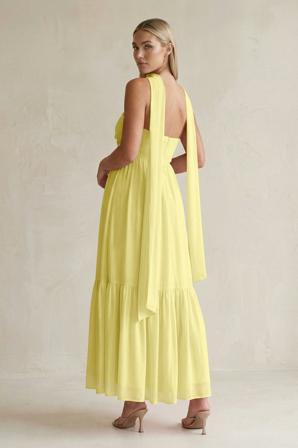 Strapless A - Line Chiffon Ruffled Bridesmaid Dress With Ribbon in Buttercup - SHE IS ME Bridesmaid Dresses