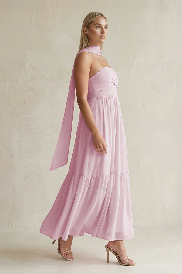 Strapless A-Line Chiffon Ruffled Bridesmaid Dress With Ribbon in Candy Pink (3) | KISSBRIDAL