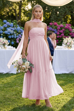 Strapless A-Line Chiffon Ruffled Bridesmaid Dress With Ribbon in Candy Pink (4) | KISSBRIDAL