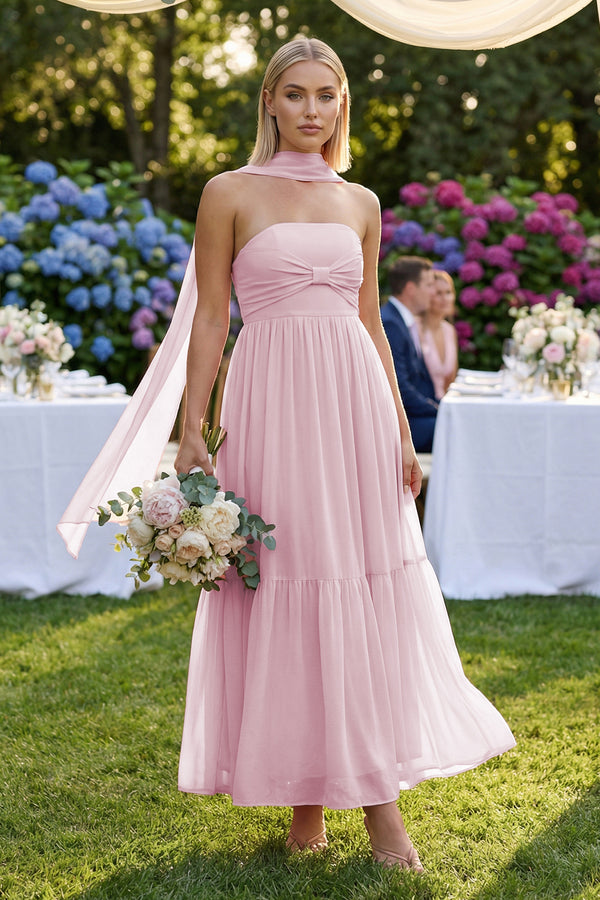 Strapless A-Line Chiffon Ruffled Bridesmaid Dress With Ribbon in Candy Pink (4) | KISSBRIDAL