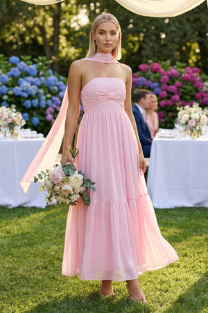 Strapless A - Line Chiffon Ruffled Bridesmaid Dress With Ribbon in Candy Pink - SHE IS ME Bridesmaid Dresses