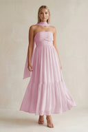 Strapless A-Line Chiffon Ruffled Bridesmaid Dress With Ribbon in Candy Pink | KISSBRIDAL
