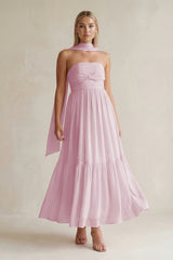 Strapless A-Line Chiffon Ruffled Bridesmaid Dress With Ribbon in Candy Pink | KISSBRIDAL