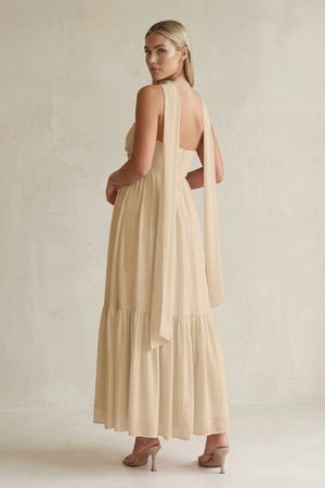 Strapless A-Line Chiffon Ruffled Bridesmaid Dress With Ribbon in Champagne (2) | KISSBRIDAL