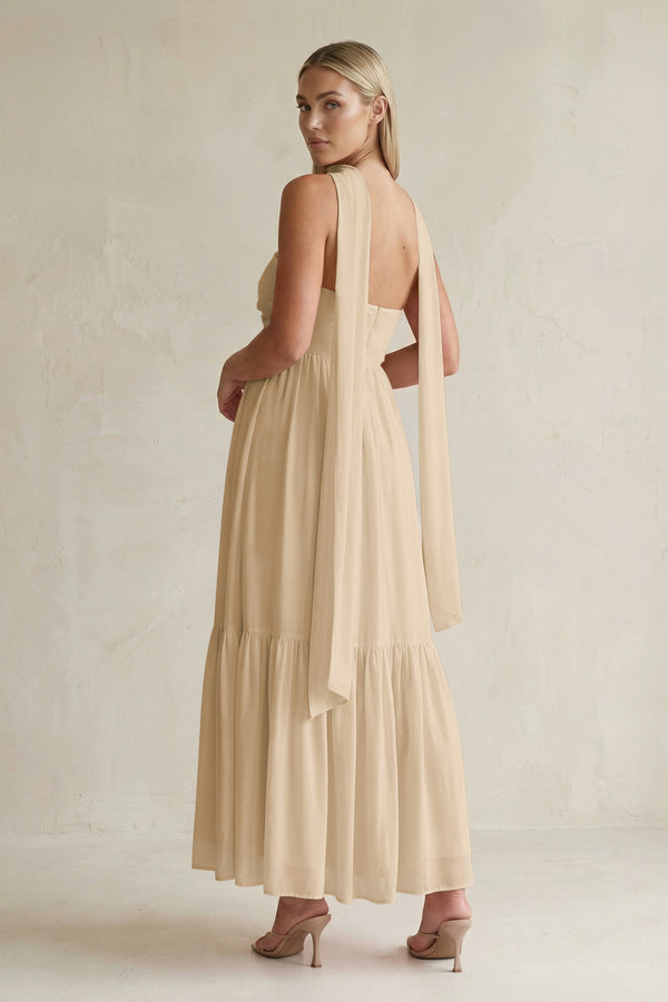 Strapless A-Line Chiffon Ruffled Bridesmaid Dress With Ribbon in Champagne (2) | KISSBRIDAL