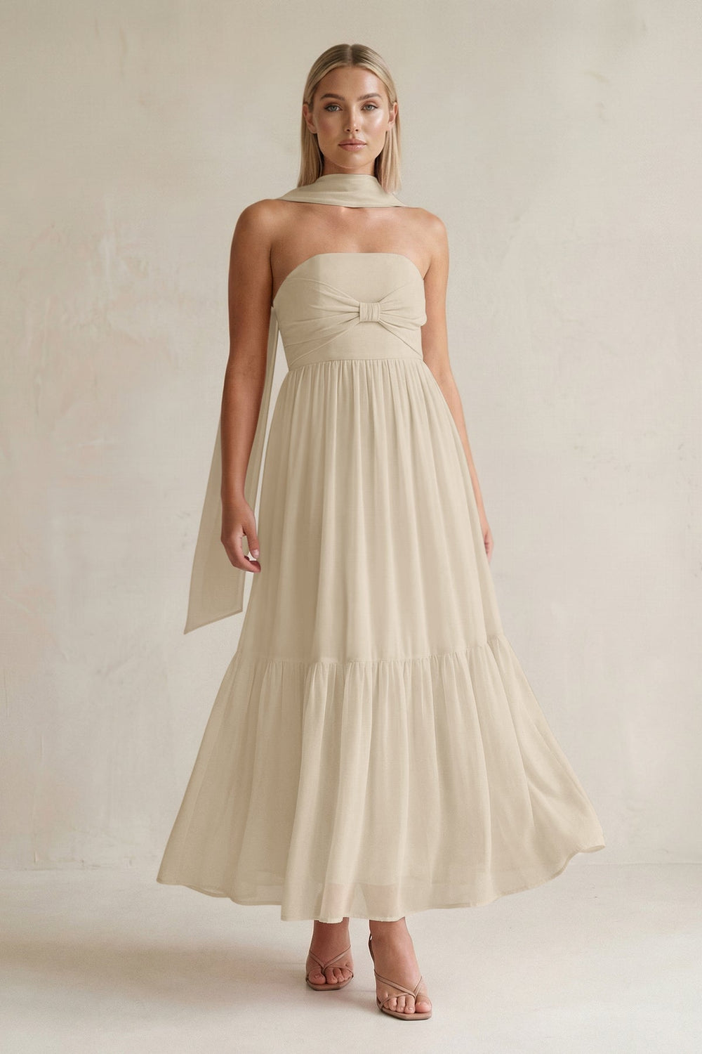 Strapless A - Line Chiffon Ruffled Bridesmaid Dress With Ribbon in Champagne - KISS BRIDAL Bridesmaid Dresses