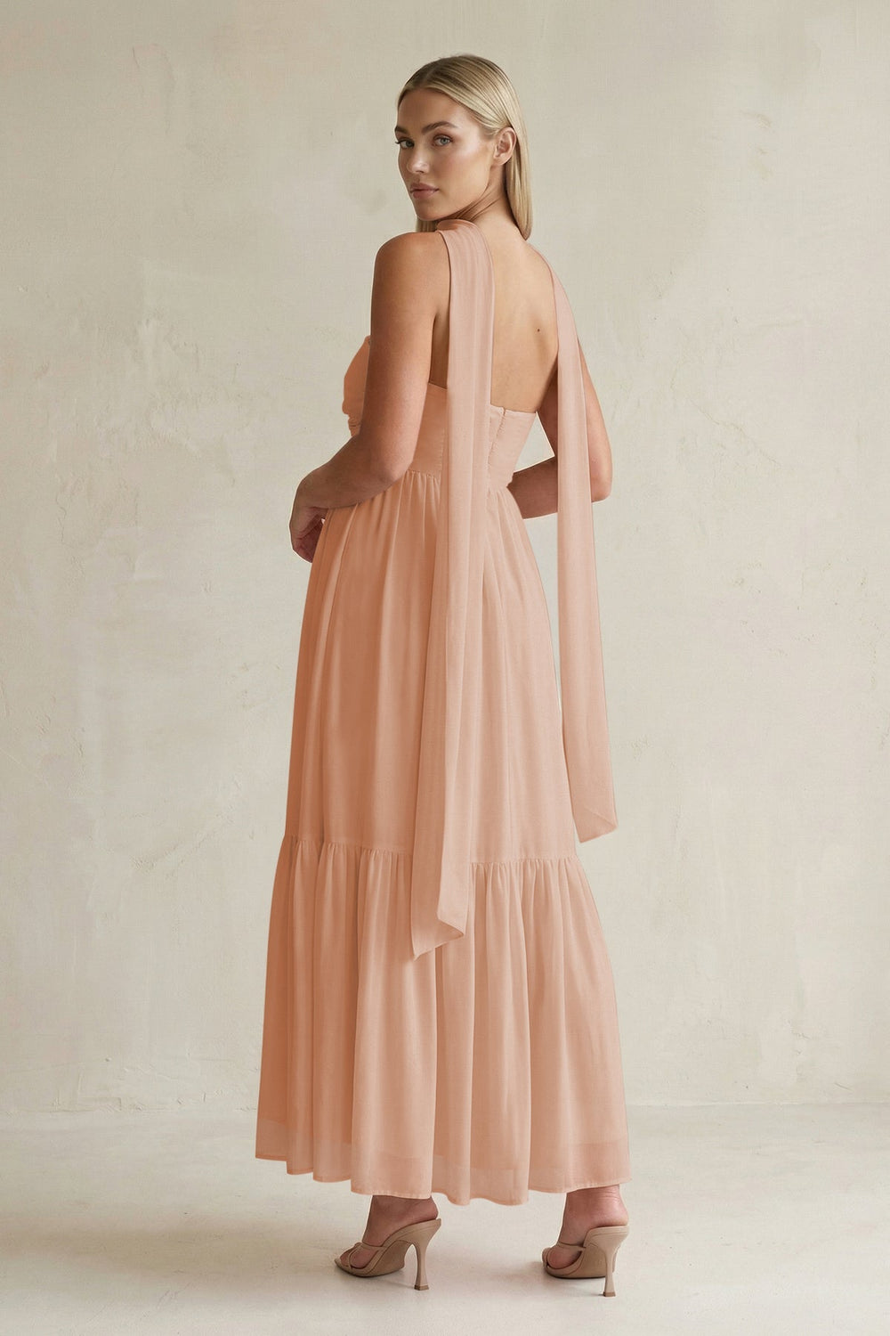 Strapless A - Line Chiffon Ruffled Bridesmaid Dress With Ribbon in Champagne Rose - KISS BRIDAL Bridesmaid Dresses