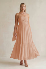Strapless A - Line Chiffon Ruffled Bridesmaid Dress With Ribbon in Champagne Rose - KISS BRIDAL Bridesmaid Dresses