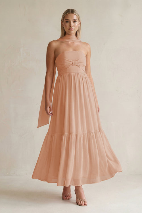 Strapless A - Line Chiffon Ruffled Bridesmaid Dress With Ribbon in Champagne Rose - SHE IS ME Bridesmaid Dresses