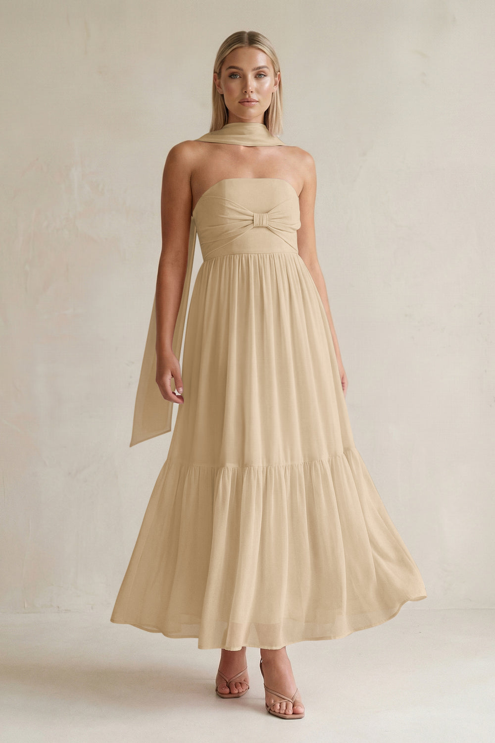Strapless A-Line Chiffon Ruffled Bridesmaid Dress With Ribbon in Champagne