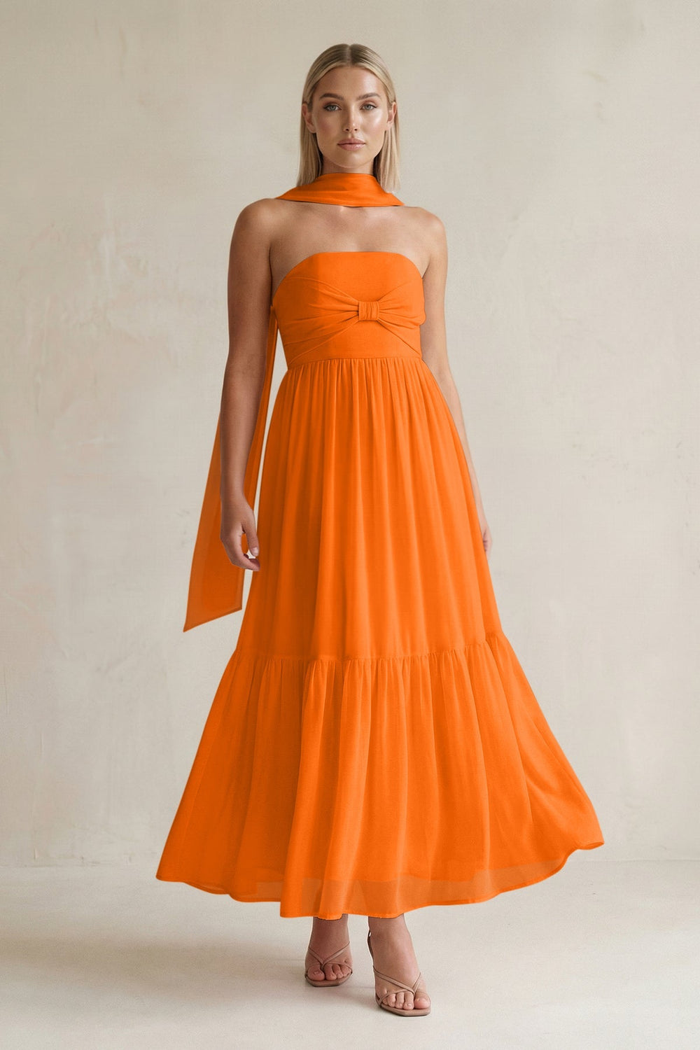 Strapless A - Line Chiffon Ruffled Bridesmaid Dress With Ribbon in Cinnamon - KISS BRIDAL Bridesmaid Dresses