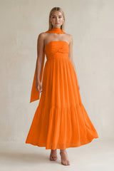 Strapless A - Line Chiffon Ruffled Bridesmaid Dress With Ribbon in Cinnamon - KISS BRIDAL Bridesmaid Dresses