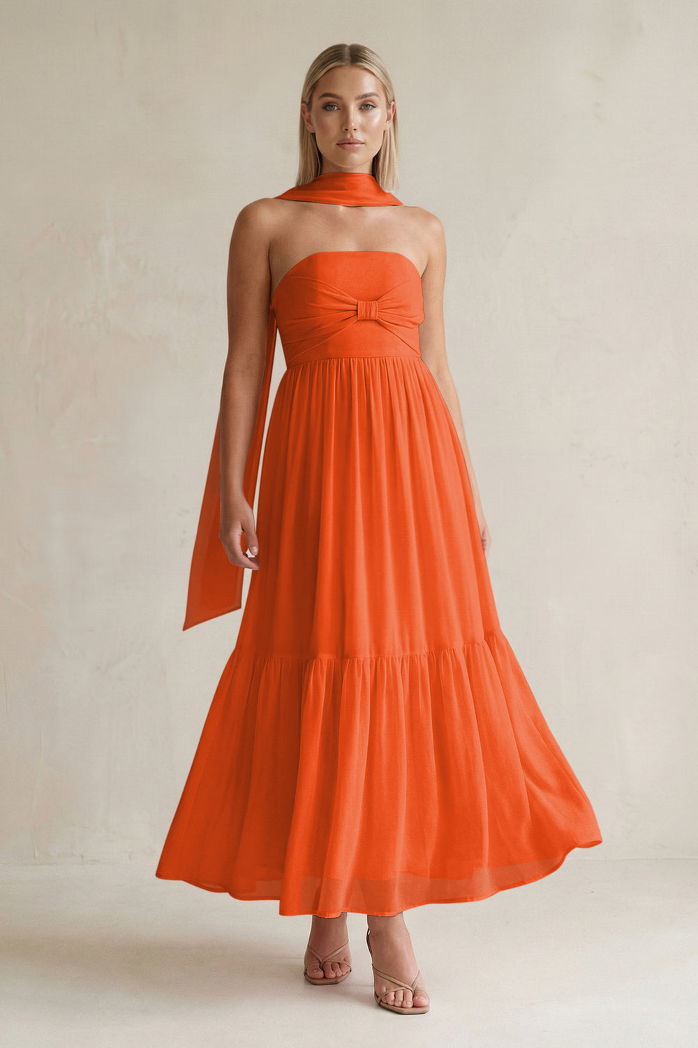 Strapless A-Line Chiffon Ruffled Bridesmaid Dress With Ribbon in Cinnamon