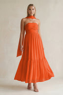Strapless A-Line Chiffon Ruffled Bridesmaid Dress With Ribbon in Cinnamon | KISSBRIDAL