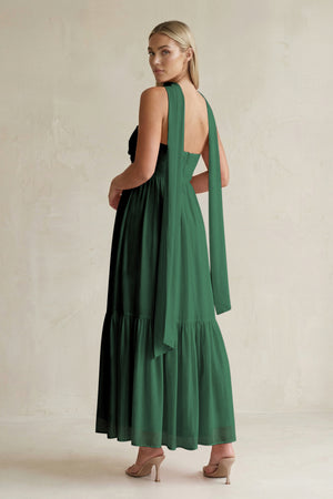 Strapless A-Line Chiffon Ruffled Bridesmaid Dress With Ribbon in Dark Green (2) | KISSBRIDAL