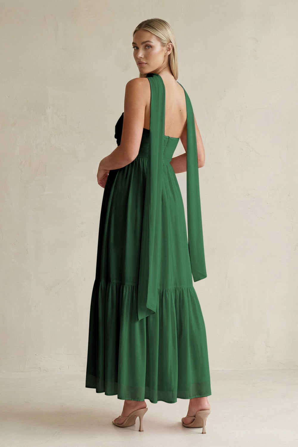 Strapless A - Line Chiffon Ruffled Bridesmaid Dress With Ribbon in Dark Green - KISS BRIDAL Bridesmaid Dresses
