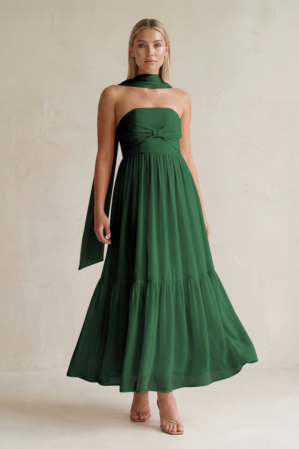 Strapless A - Line Chiffon Ruffled Bridesmaid Dress With Ribbon in Dark Green - KISS BRIDAL Bridesmaid Dresses