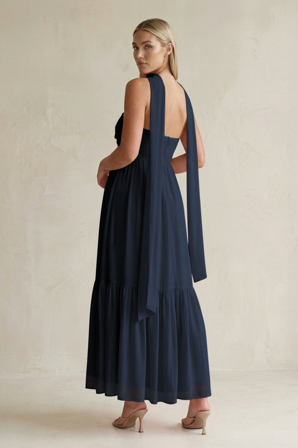 Strapless A - Line Chiffon Ruffled Bridesmaid Dress With Ribbon in Dark Navy - KISS BRIDAL Bridesmaid Dresses