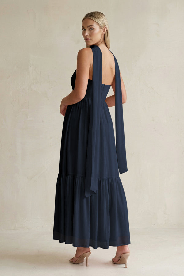 Strapless A - Line Chiffon Ruffled Bridesmaid Dress With Ribbon in Dark Navy - SHE IS ME Bridesmaid Dresses