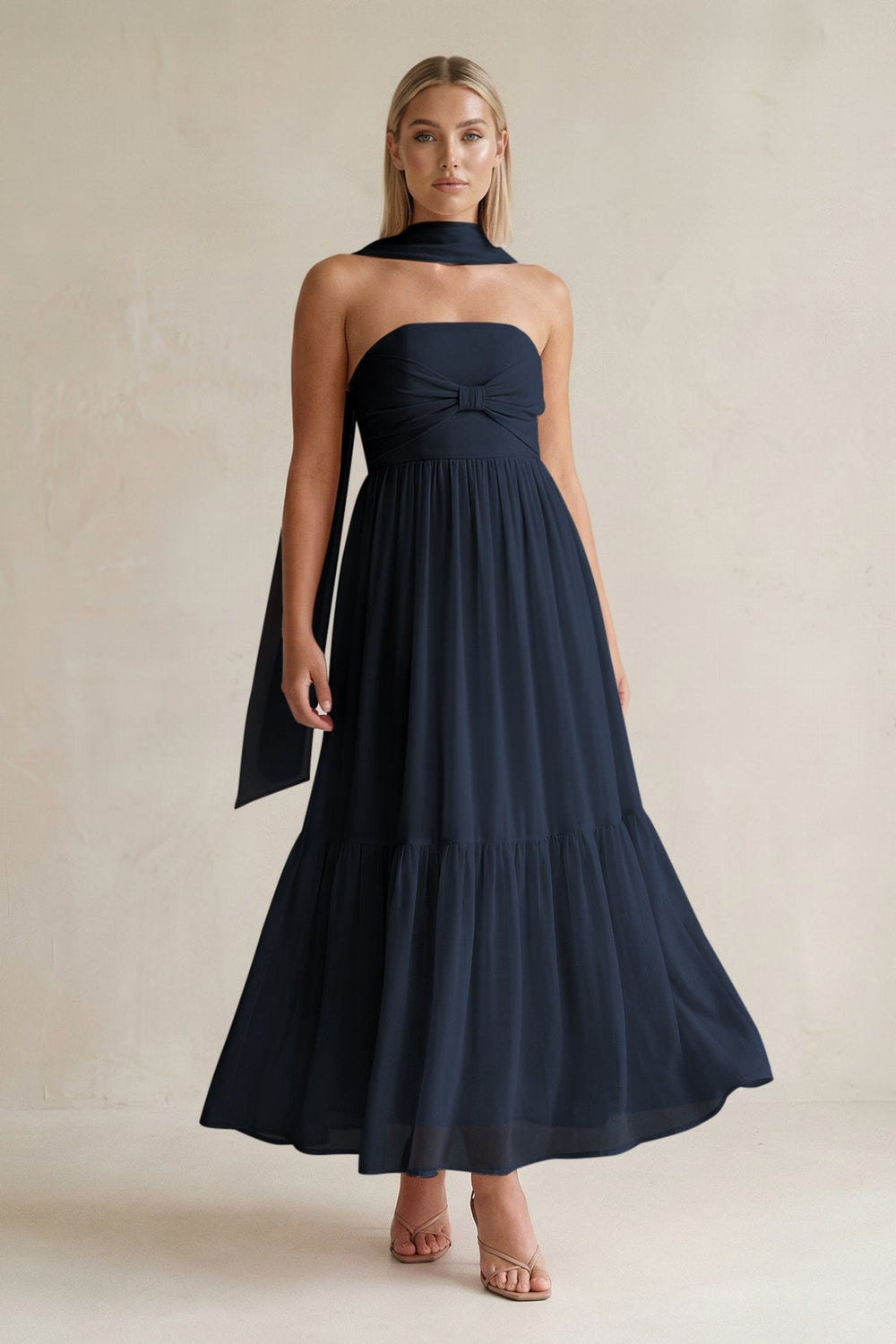Strapless A - Line Chiffon Ruffled Bridesmaid Dress With Ribbon in Dark Navy - KISS BRIDAL Bridesmaid Dresses