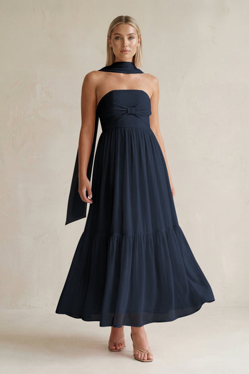 Strapless A - Line Chiffon Ruffled Bridesmaid Dress With Ribbon in Dark Navy - SHE IS ME Bridesmaid Dresses
