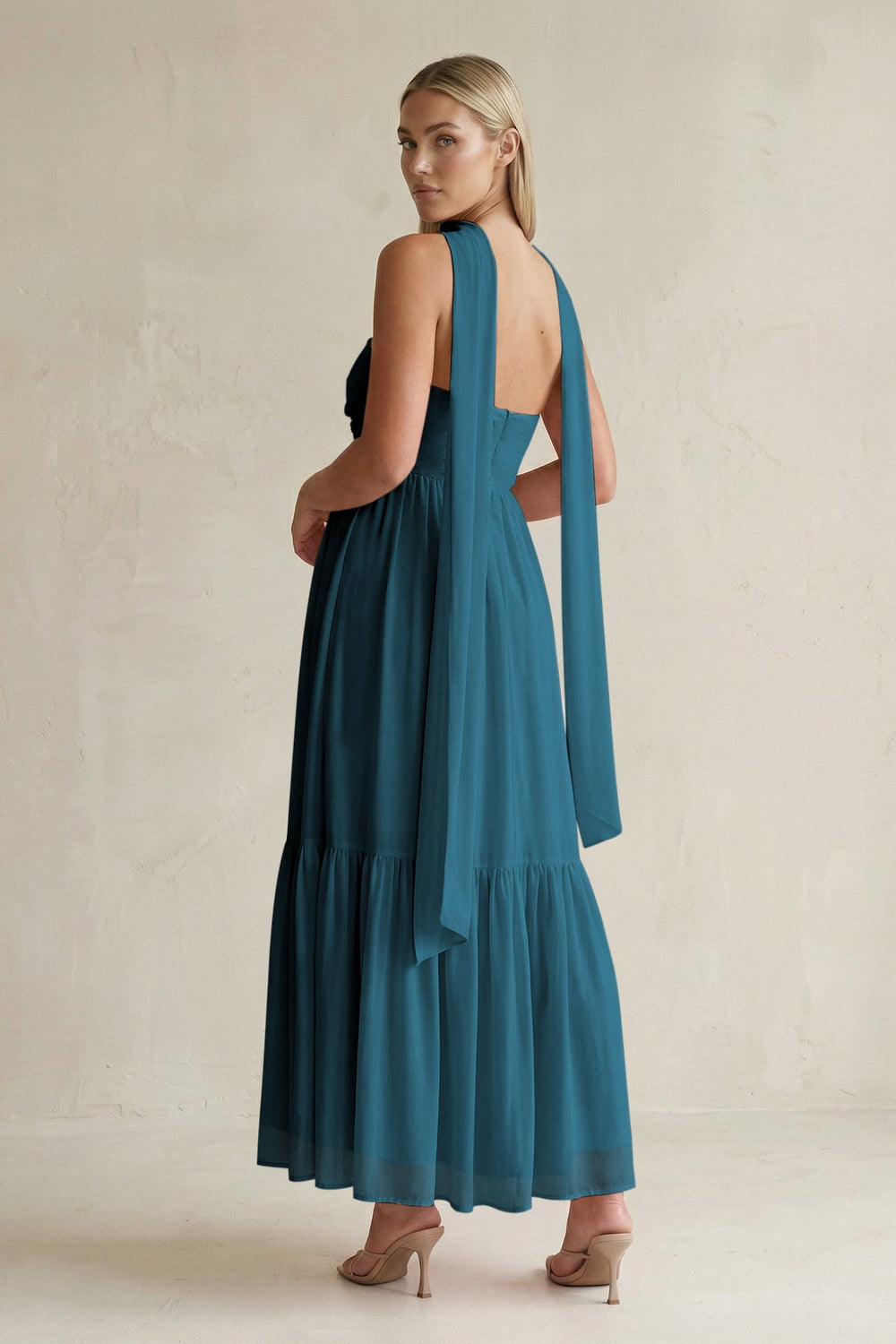 Strapless A - Line Chiffon Ruffled Bridesmaid Dress With Ribbon in Dark Teal - KISS BRIDAL Bridesmaid Dresses