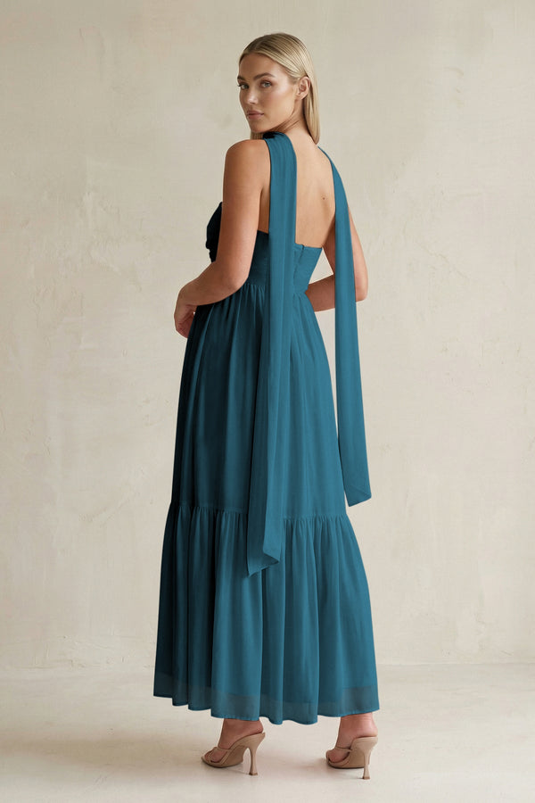 Strapless A - Line Chiffon Ruffled Bridesmaid Dress With Ribbon in Dark Teal - SHE IS ME Bridesmaid Dresses