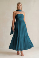 Strapless A - Line Chiffon Ruffled Bridesmaid Dress With Ribbon in Dark Teal - SHE IS ME Bridesmaid Dresses