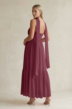 Strapless A-Line Chiffon Ruffled Bridesmaid Dress With Ribbon in Desert Rose (2) | KISSBRIDAL