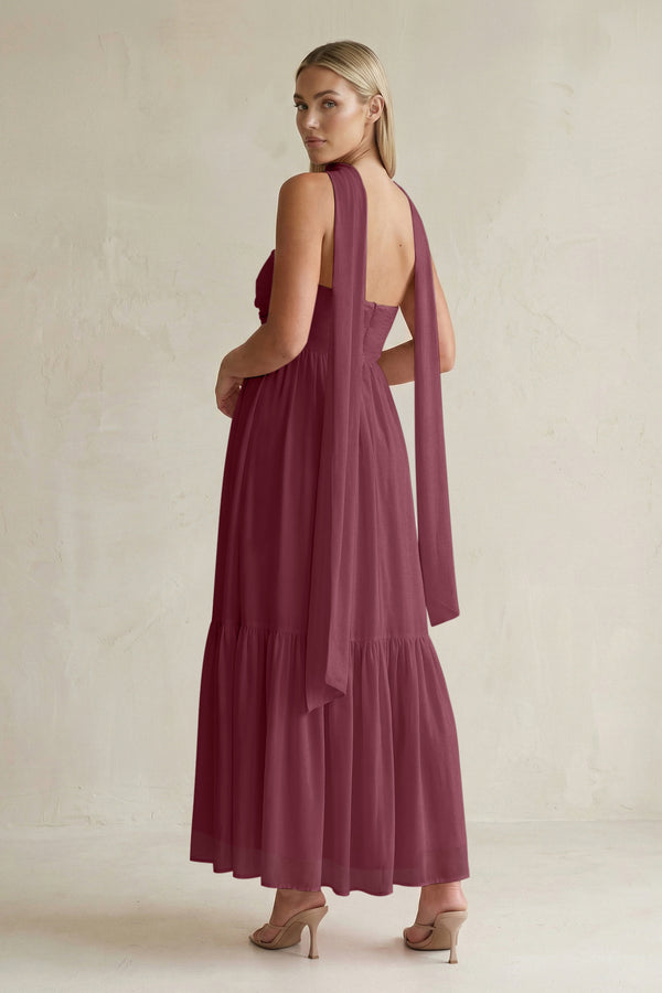 Strapless A-Line Chiffon Ruffled Bridesmaid Dress With Ribbon in Desert Rose (2) | KISSBRIDAL