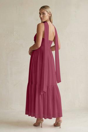Strapless A - Line Chiffon Ruffled Bridesmaid Dress With Ribbon in Desert Rose - SHE IS ME Bridesmaid Dresses
