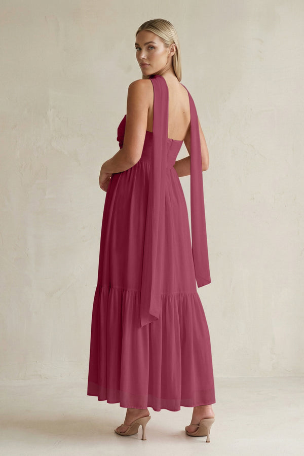 Strapless A - Line Chiffon Ruffled Bridesmaid Dress With Ribbon in Desert Rose - SHE IS ME Bridesmaid Dresses