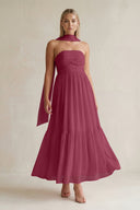Strapless A - Line Chiffon Ruffled Bridesmaid Dress With Ribbon in Desert Rose - SHE IS ME Bridesmaid Dresses