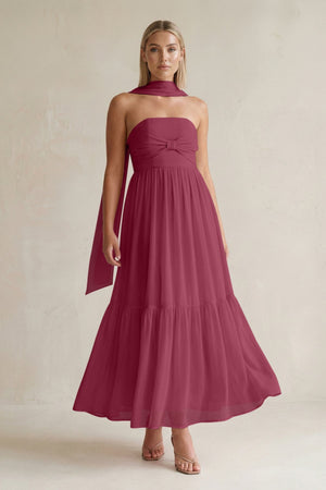 Strapless A - Line Chiffon Ruffled Bridesmaid Dress With Ribbon in Desert Rose - SHE IS ME Bridesmaid Dresses