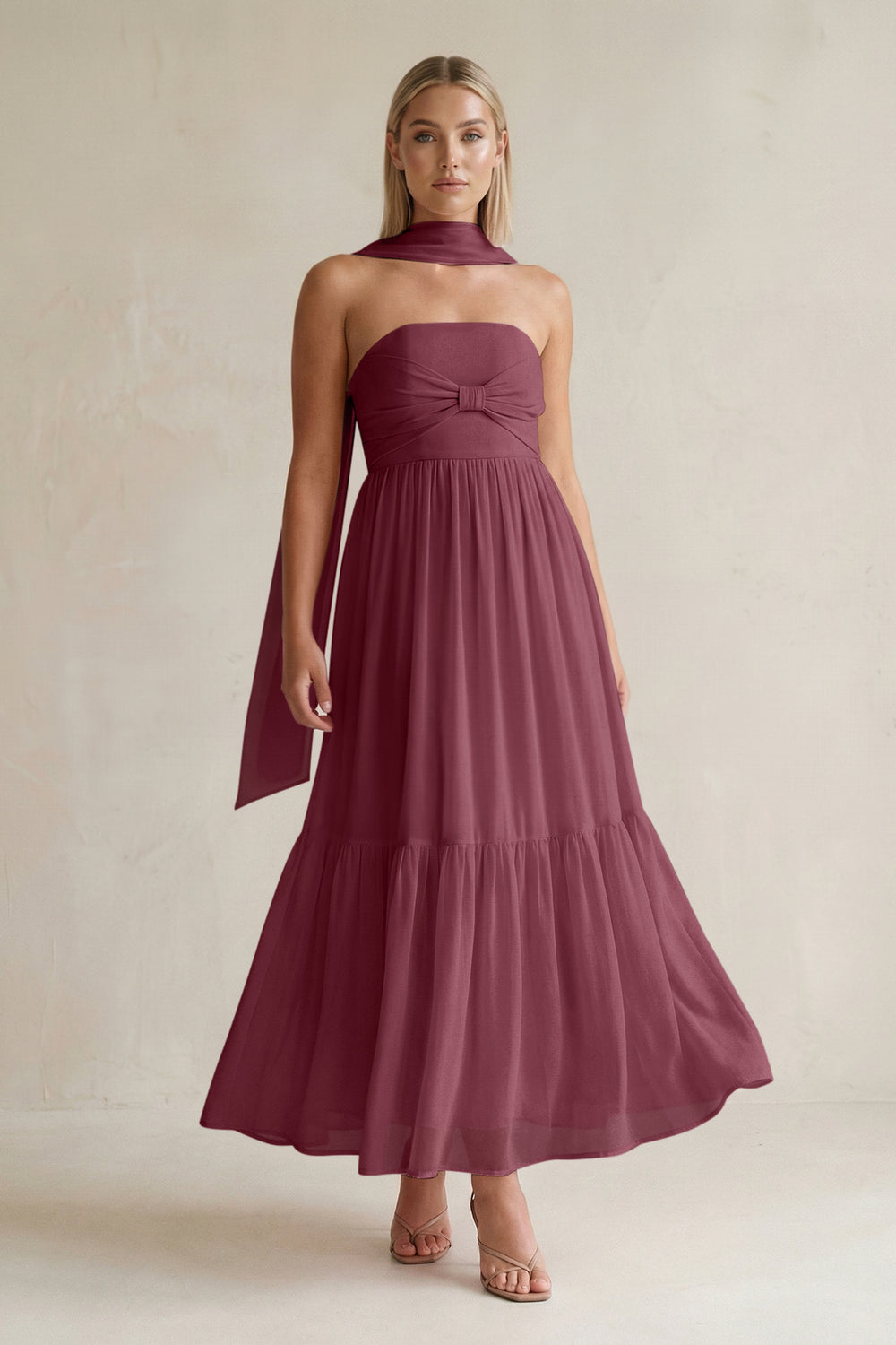 Strapless A-Line Chiffon Ruffled Bridesmaid Dress With Ribbon in Desert Rose