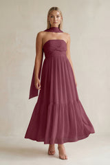Strapless A-Line Chiffon Ruffled Bridesmaid Dress With Ribbon in Desert Rose | KISSBRIDAL