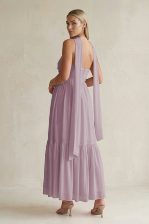 Strapless A - Line Chiffon Ruffled Bridesmaid Dress With Ribbon in Dusk - SHE IS ME Bridesmaid Dresses