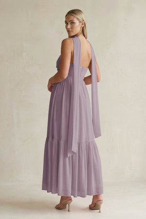 Strapless A-Line Chiffon Ruffled Bridesmaid Dress With Ribbon in Dusk (2) | KISSBRIDAL