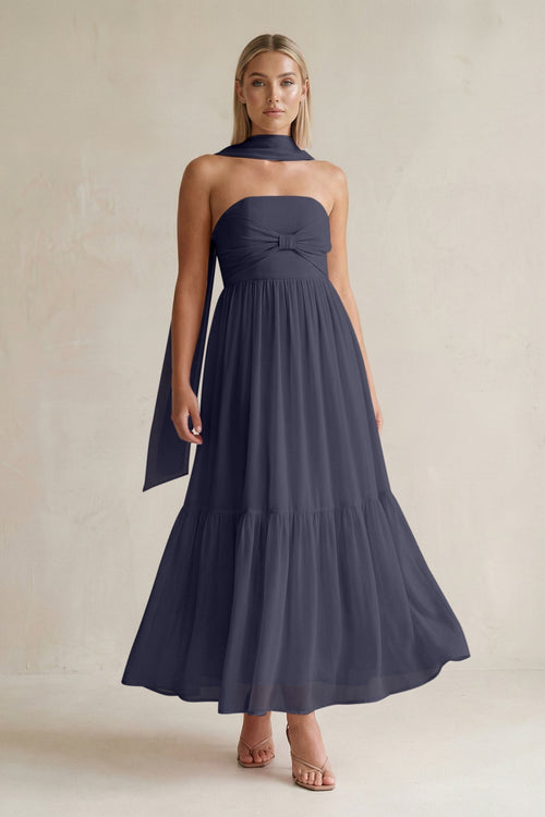 Strapless A - Line Chiffon Ruffled Bridesmaid Dress With Ribbon in Dusk Blue - SHE IS ME Bridesmaid Dresses