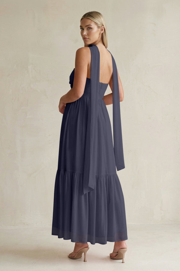 Strapless A - Line Chiffon Ruffled Bridesmaid Dress With Ribbon in Dusk Blue - SHE IS ME Bridesmaid Dresses