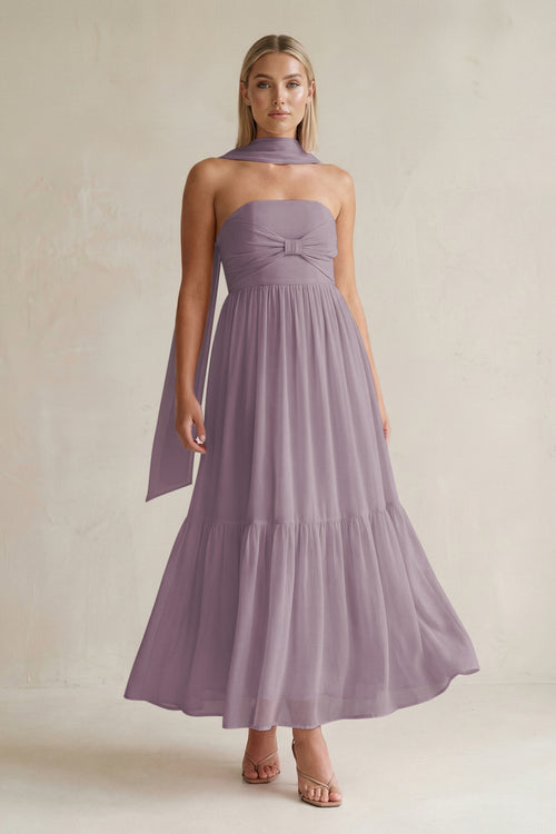 Strapless A-Line Chiffon Ruffled Bridesmaid Dress With Ribbon in Dusk | KISSBRIDAL