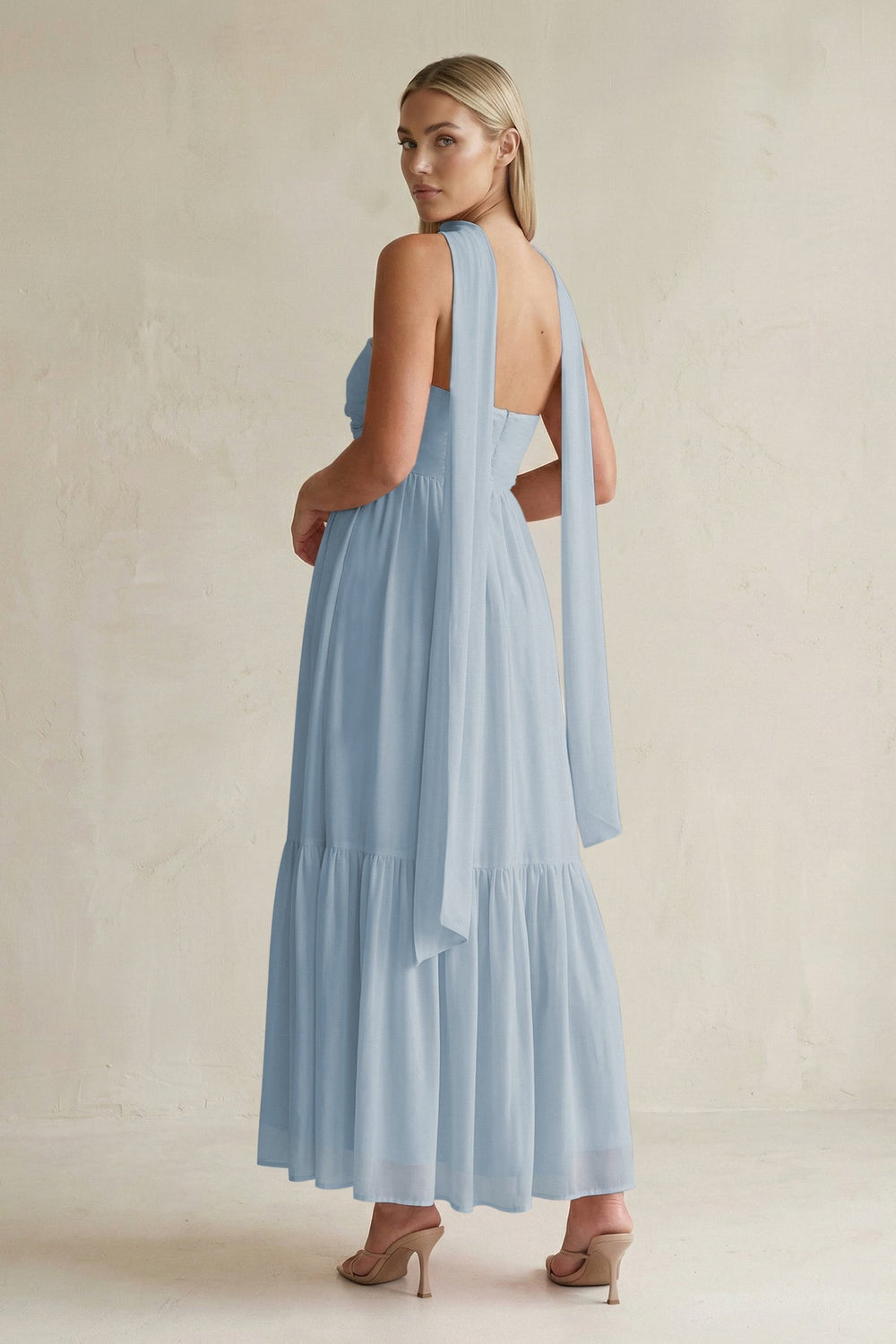 Strapless A - Line Chiffon Ruffled Bridesmaid Dress With Ribbon in Dusty Blue - KISS BRIDAL Bridesmaid Dresses