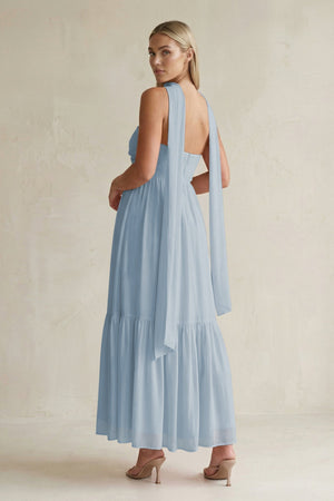Strapless A - Line Chiffon Ruffled Bridesmaid Dress With Ribbon in Dusty Blue - SHE IS ME Bridesmaid Dresses