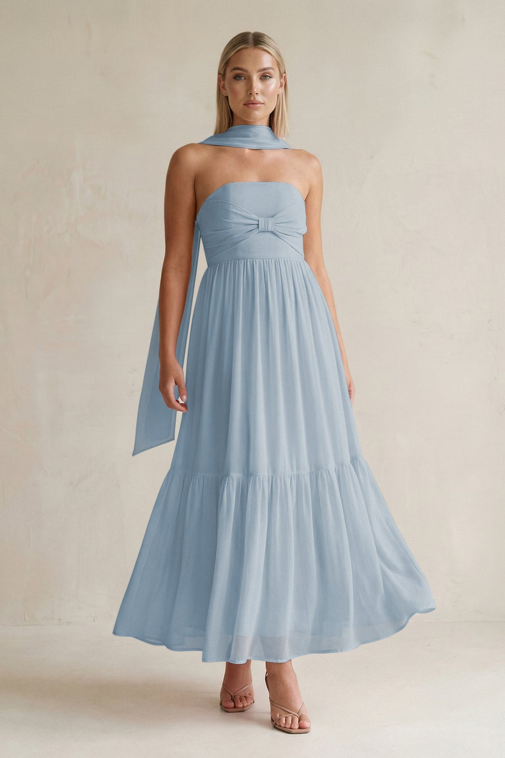 Strapless A - Line Chiffon Ruffled Bridesmaid Dress With Ribbon in Dusty Blue - KISS BRIDAL Bridesmaid Dresses