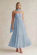 Strapless A - Line Chiffon Ruffled Bridesmaid Dress With Ribbon in Dusty Blue - SHE IS ME Bridesmaid Dresses