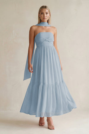 Strapless A - Line Chiffon Ruffled Bridesmaid Dress With Ribbon in Dusty Blue - SHE IS ME Bridesmaid Dresses