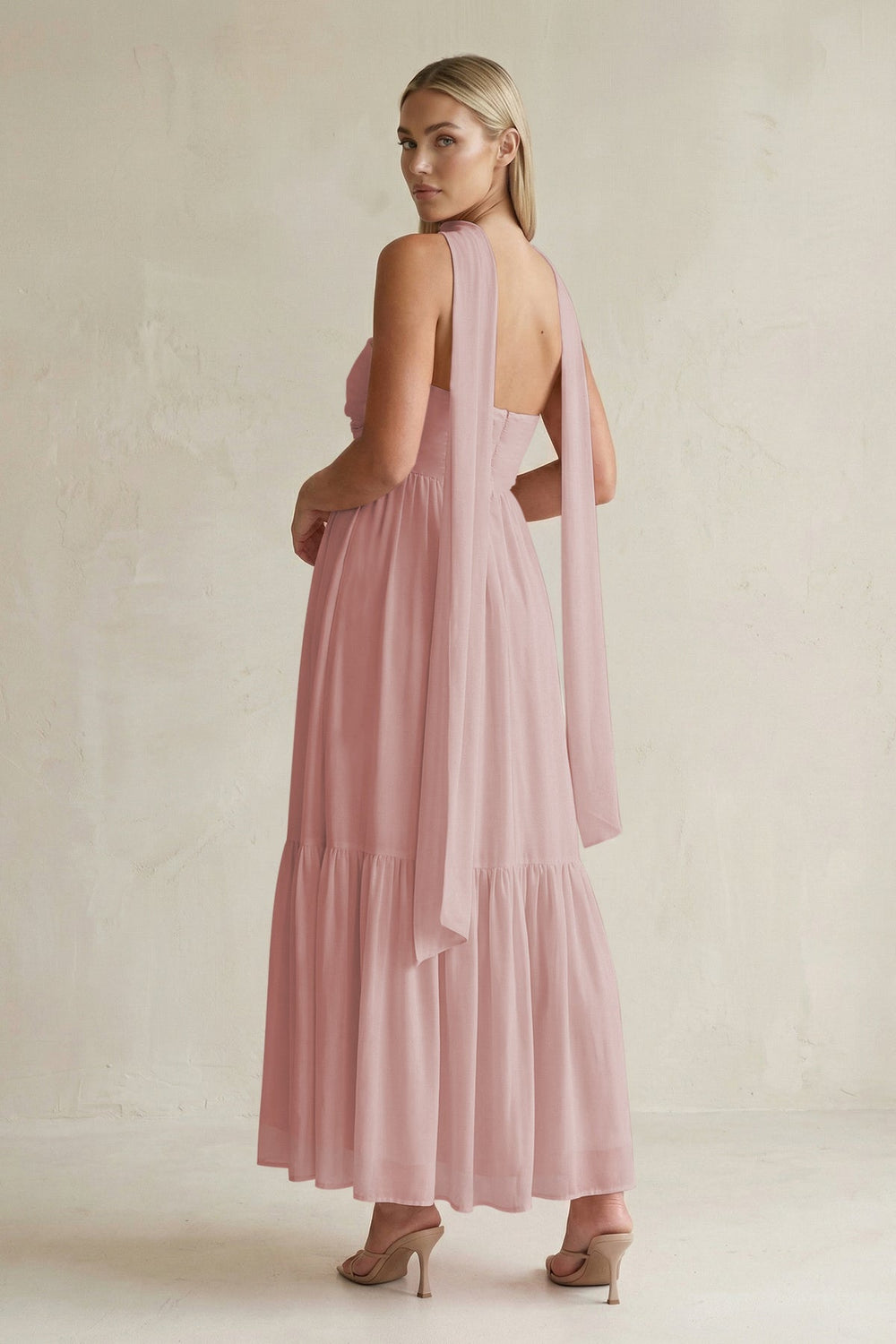 Strapless A - Line Chiffon Ruffled Bridesmaid Dress With Ribbon in Dusty Rose - KISS BRIDAL Bridesmaid Dresses