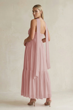 Strapless A - Line Chiffon Ruffled Bridesmaid Dress With Ribbon in Dusty Rose - SHE IS ME Bridesmaid Dresses