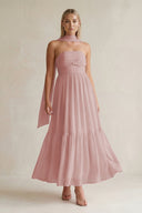 Strapless A - Line Chiffon Ruffled Bridesmaid Dress With Ribbon in Dusty Rose - SHE IS ME Bridesmaid Dresses